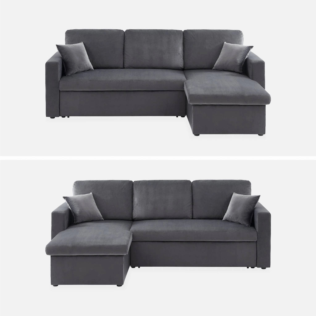 Divano letto angolare reversibile in velluto, 3 posti, grigio scuro