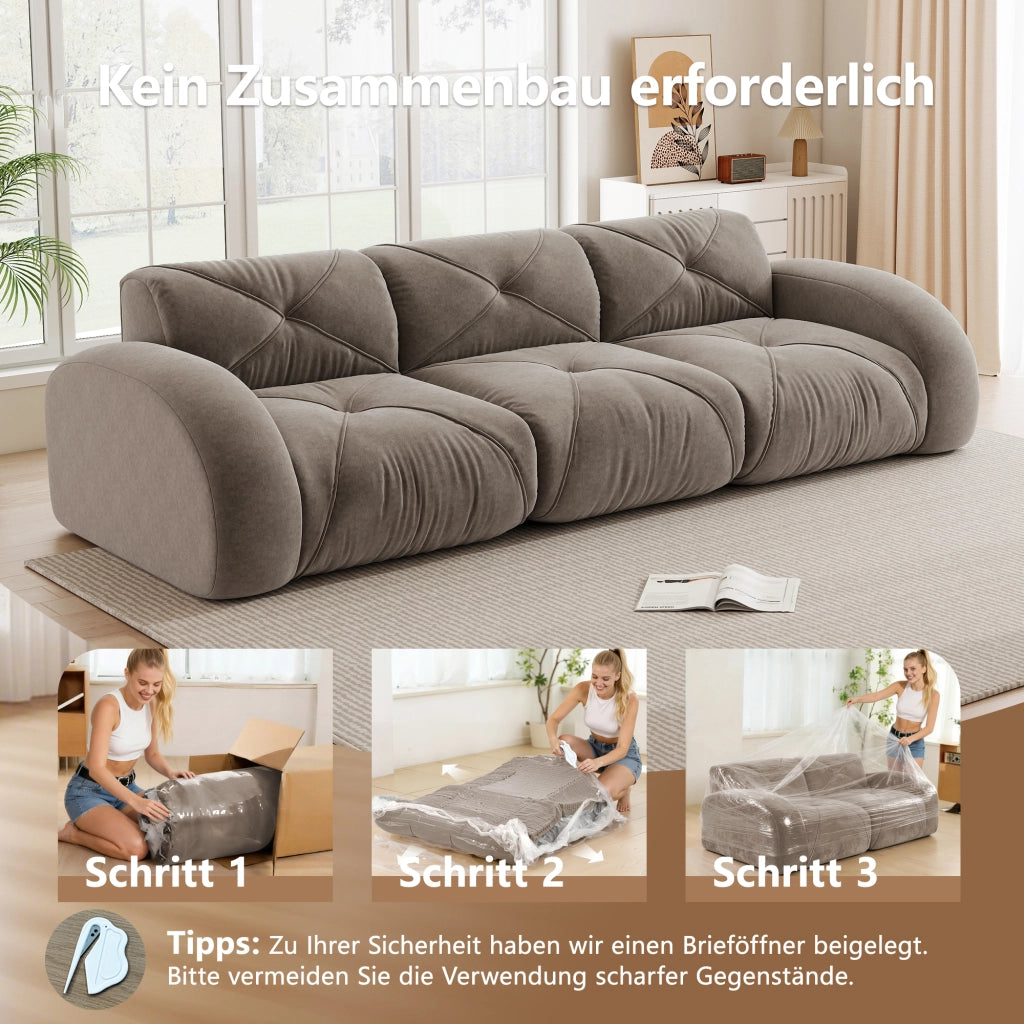 Divano modulare tre posti senza struttura con design antiscivolo e seduta ampia in chenille tortora 281 × 95 × 76 cm