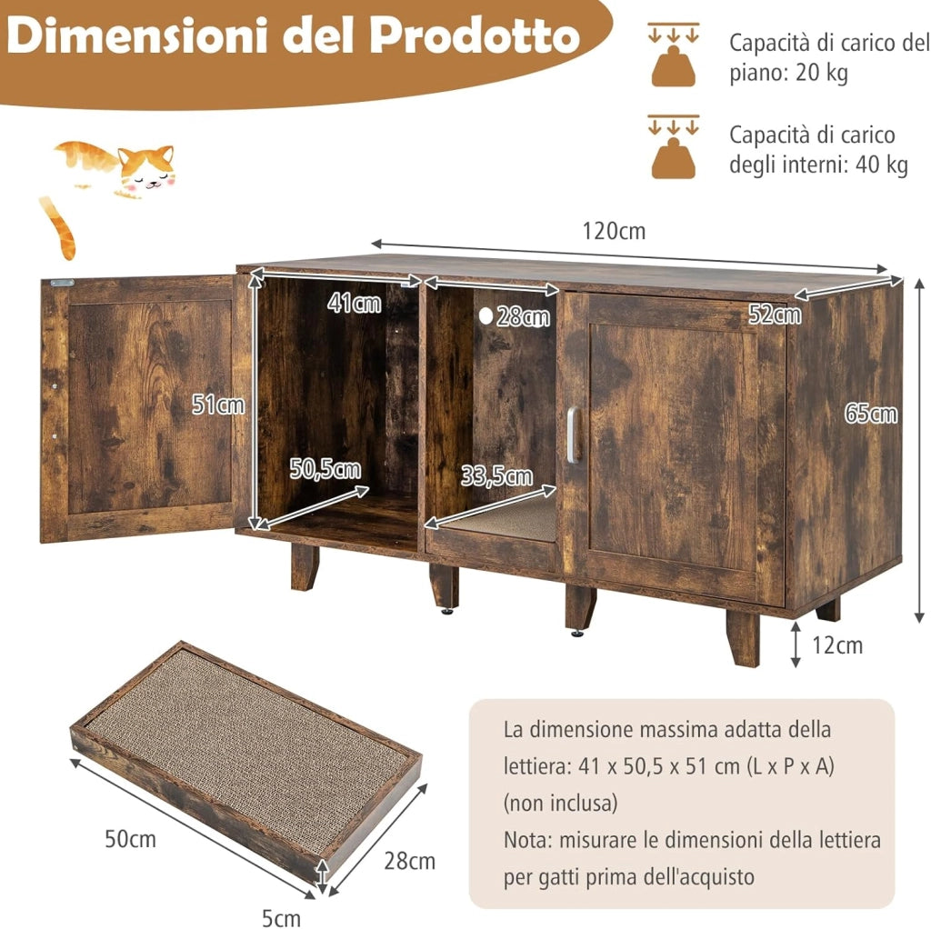 Mobile per Lettiera per Gatti 120 x 52 x 65 cm, Casetta per Gatti con 2 Ante, Fori, Tiragraffi e Gambe Staccabili, Mobile Versatile e Moderno per Salotto (Marrone e nero)