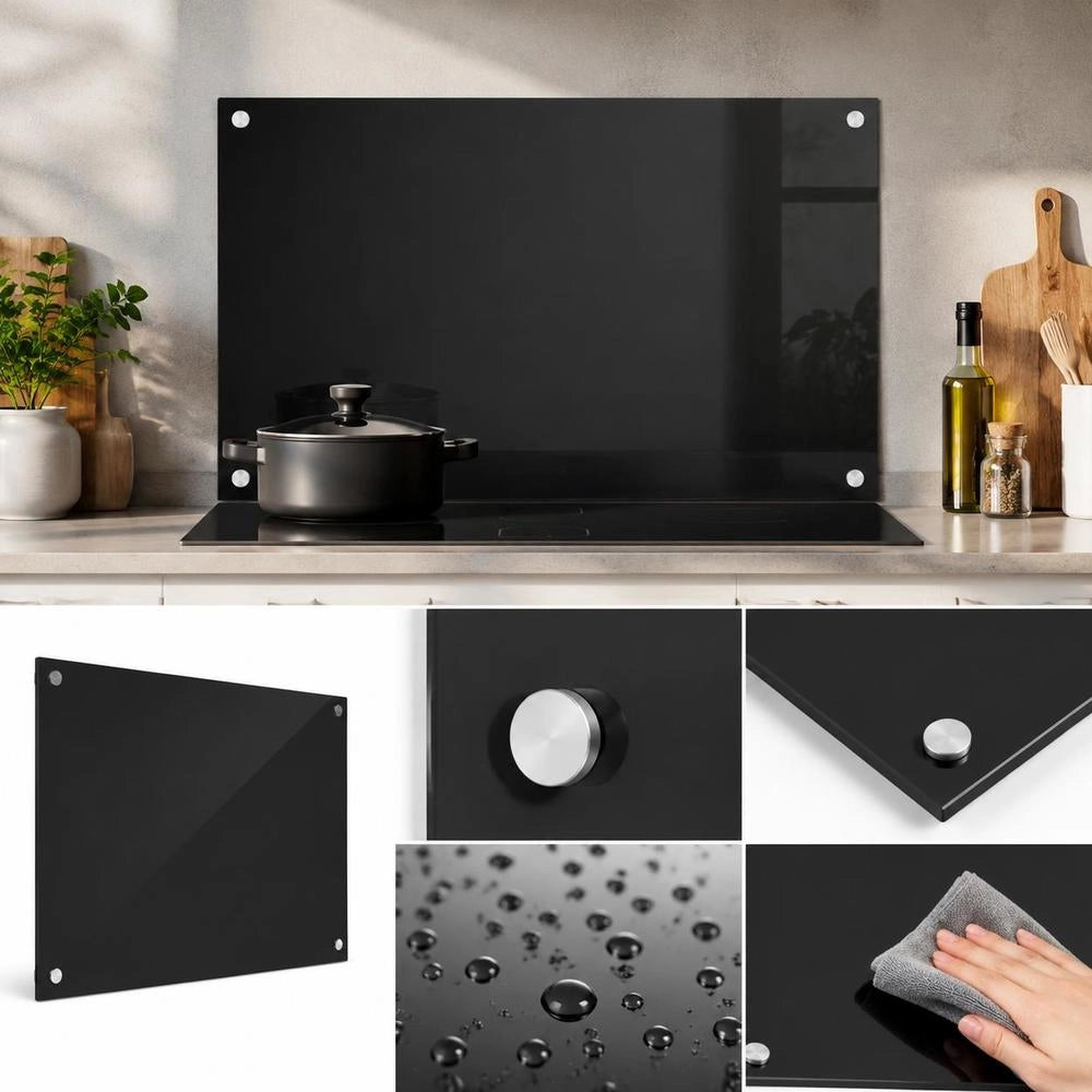 Kitchen Backsplash Black 80x50 Cm Tempered Glass