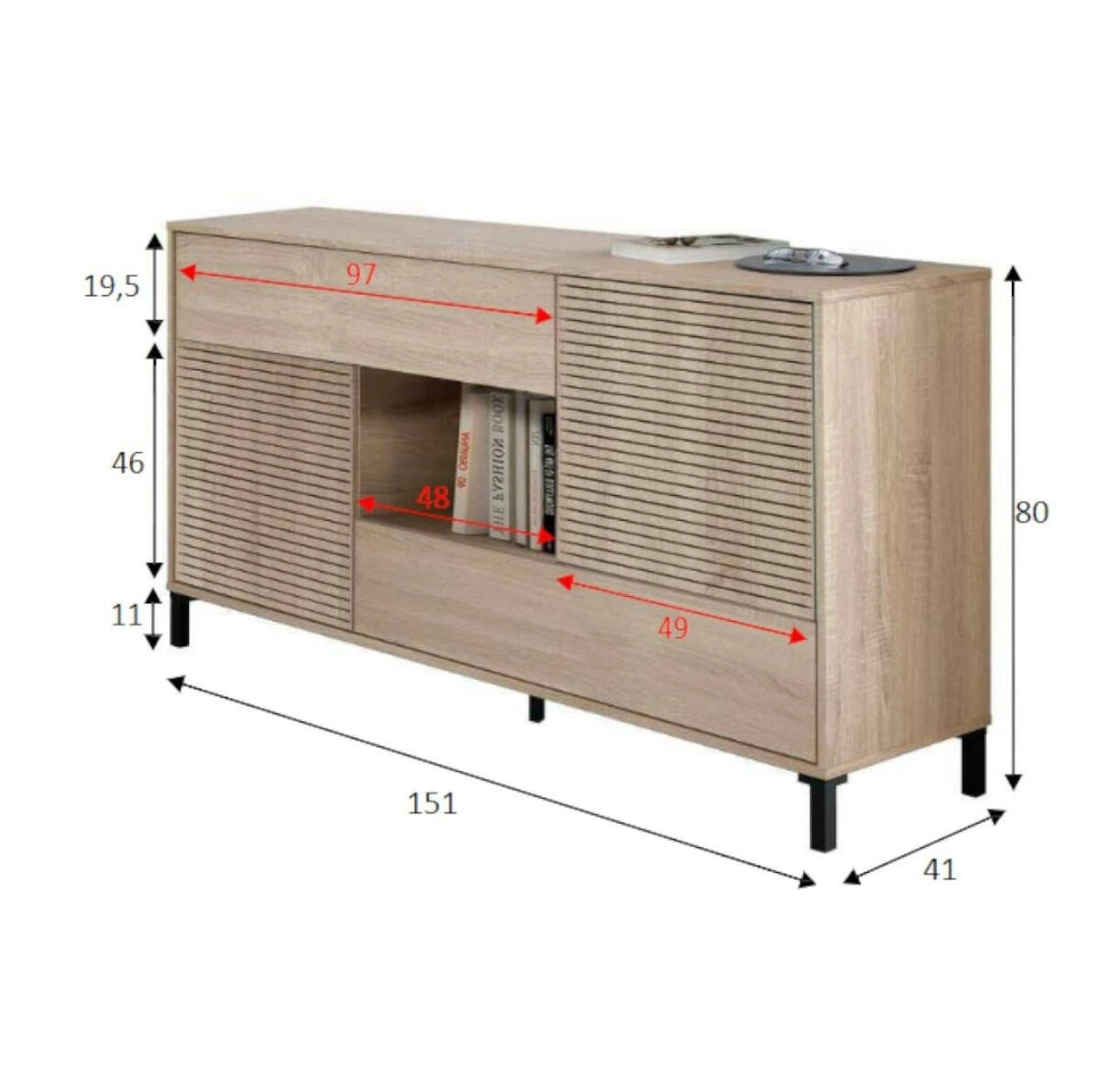 Credenza Abib, Madia moderna a 2 ante, Buffet da soggiorno, Mobile porta TV, Madia con piedini per salotto, cm 151x41h80, Rovere