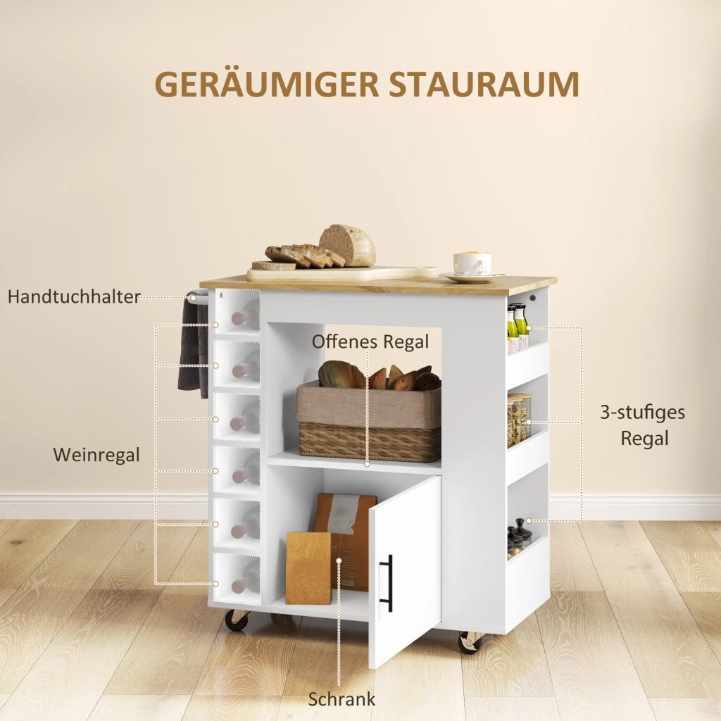 Carrello da Cucina con 1 Anta; 1 Vano Aperto; 3 Ripiani Laterali; 6 Portabottiglie e Portaasciugamani; 83x40x83 cm