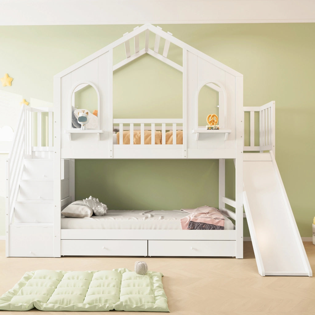 LETTO a castello a casetta 90x200 cm con scivolo e scala contenitore bianco
