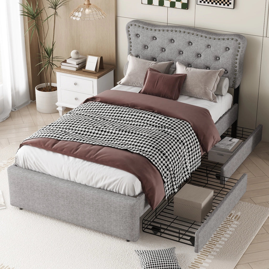 OKWISH Letto Singolo 90×200 cm con 2 Cassetti, Testiera Regolabile e Borchie Decorative, senza Materasso, in MDF e Lino, Grigio