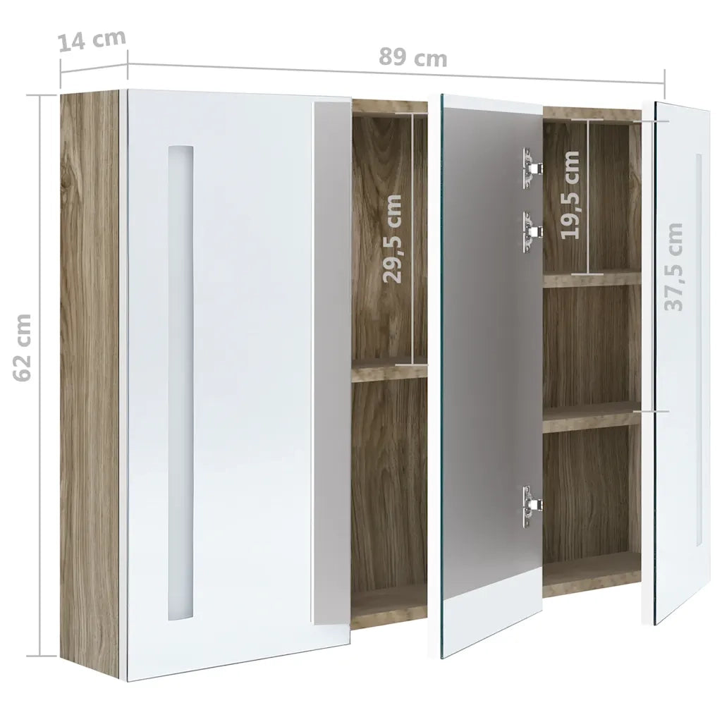 vidaXL Armadietto Bagno con Specchio e LED 89x14x62 cm Bianco e Rovere