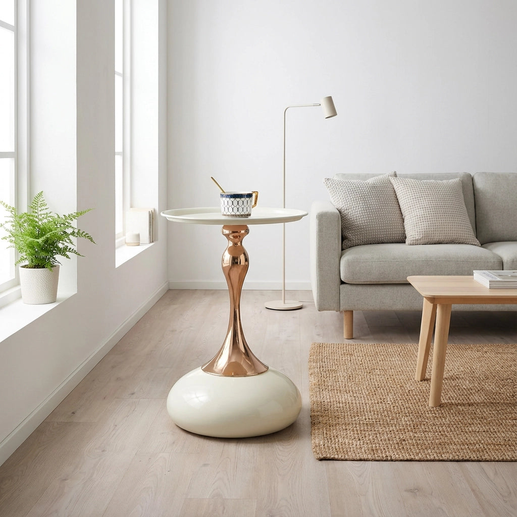 Tavolino da caffè rotondo con base in metallo - per soggiorno - 44×41×20 cm - bianco