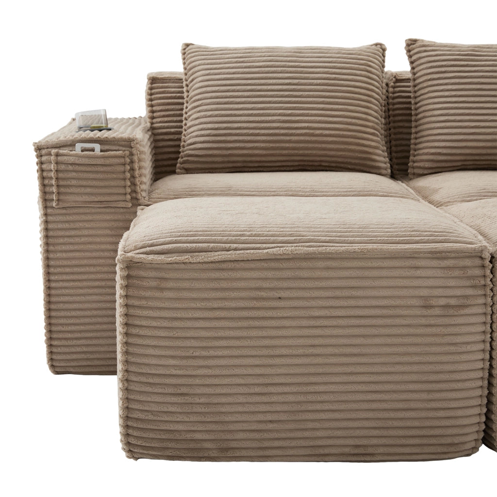 Divano modulare 2 posti in tessuto a coste con portabicchieri e tasche laterali comode khaki 188 × 162 × 75 cm