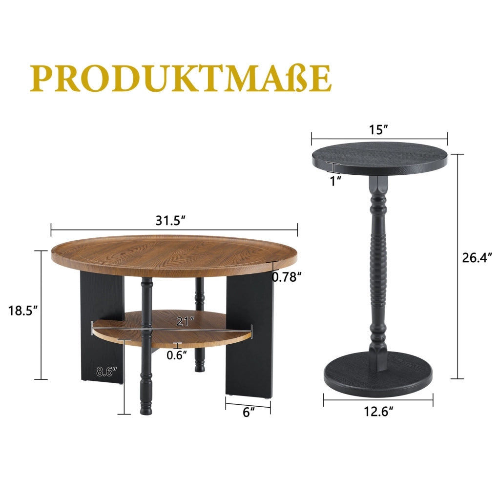 Set di 2 tavolini rotondi 80 cm e 38 cm noce e nero in MDF; bordi arrotondati
