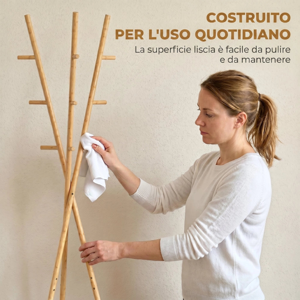Albero Porta Abiti con 9 Ganci e 2 Ripiani. Naturale
