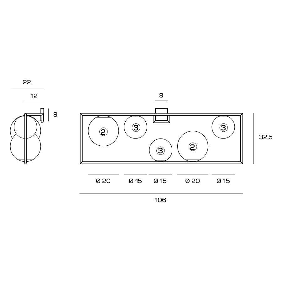 BUBLE APPLIQUE A PARETE 5 SFERE ACCIAIO SPAZZOLATO PARTICOLARI BRONZO ATTACCO E27