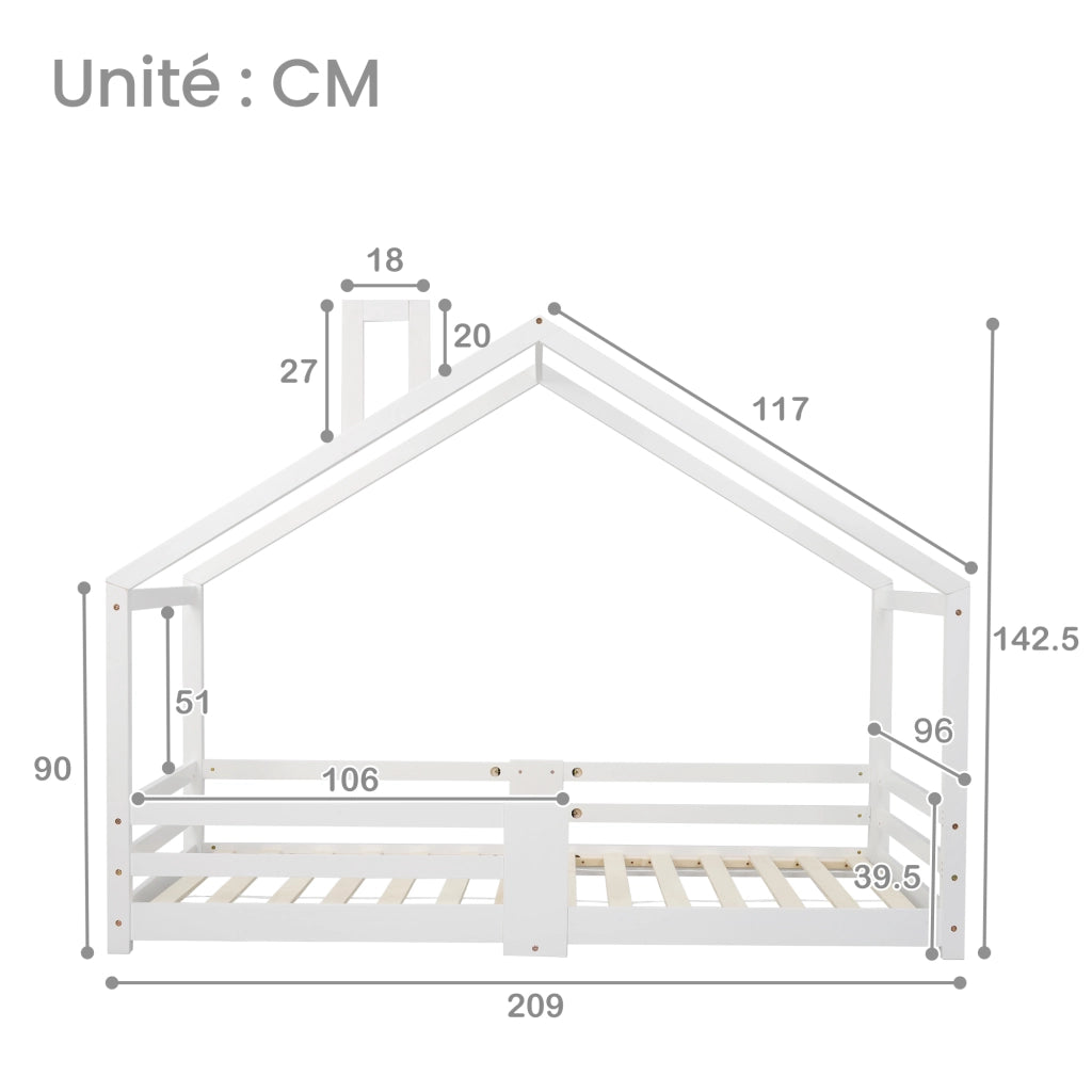 Letto a Casetta Letto Singolo con Sponde; 90×200 cm; Letto per Bambini in Legno Massello; senza Materasso; Bianco