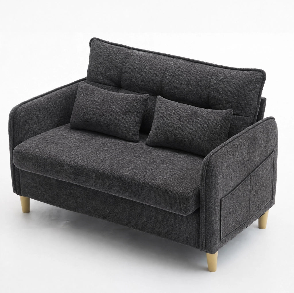 Divano 2 posti ULEVR 127 cm in ciniglia grigio scuro con braccioli, tasche laterali e cuscini