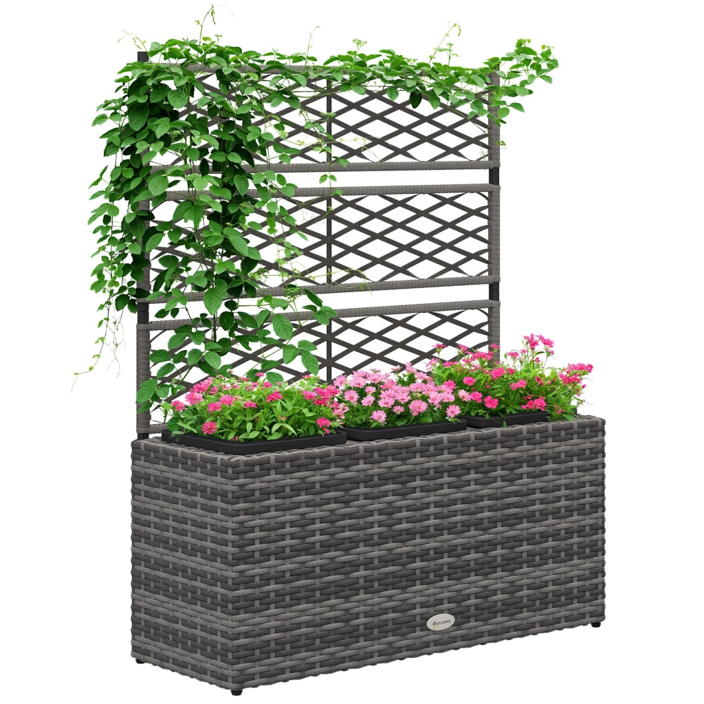 Fioriera con griglia 3 vasche 33L ¨C zephmum ¨C in resina intrecciata e acciaio 84x30x107 cm
