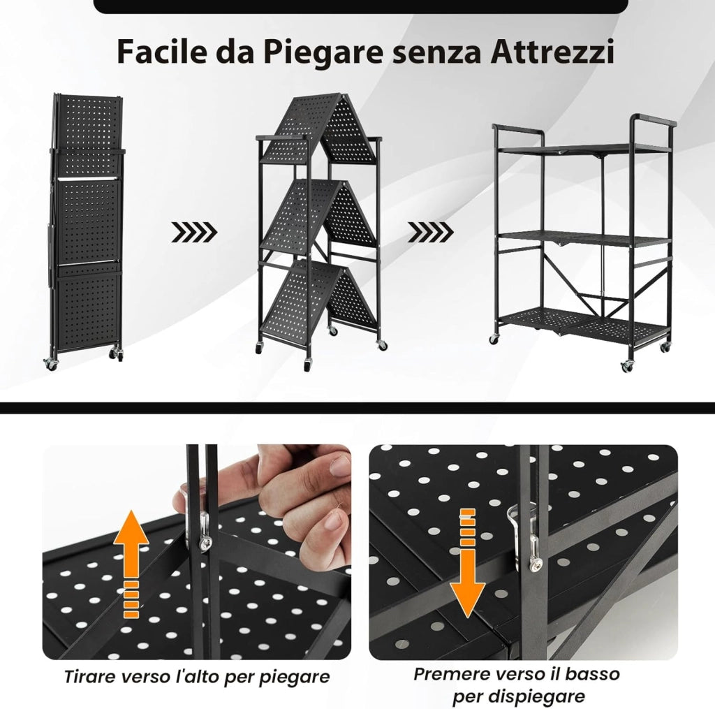 Scaffale Pieghevole con Ruote, Carrello Portaoggetti in Metallo con 3 Ripiani e 2 Ruote Bloccabili, per Cucina Soggiorno Garage, 72,5x33x93,5 cm