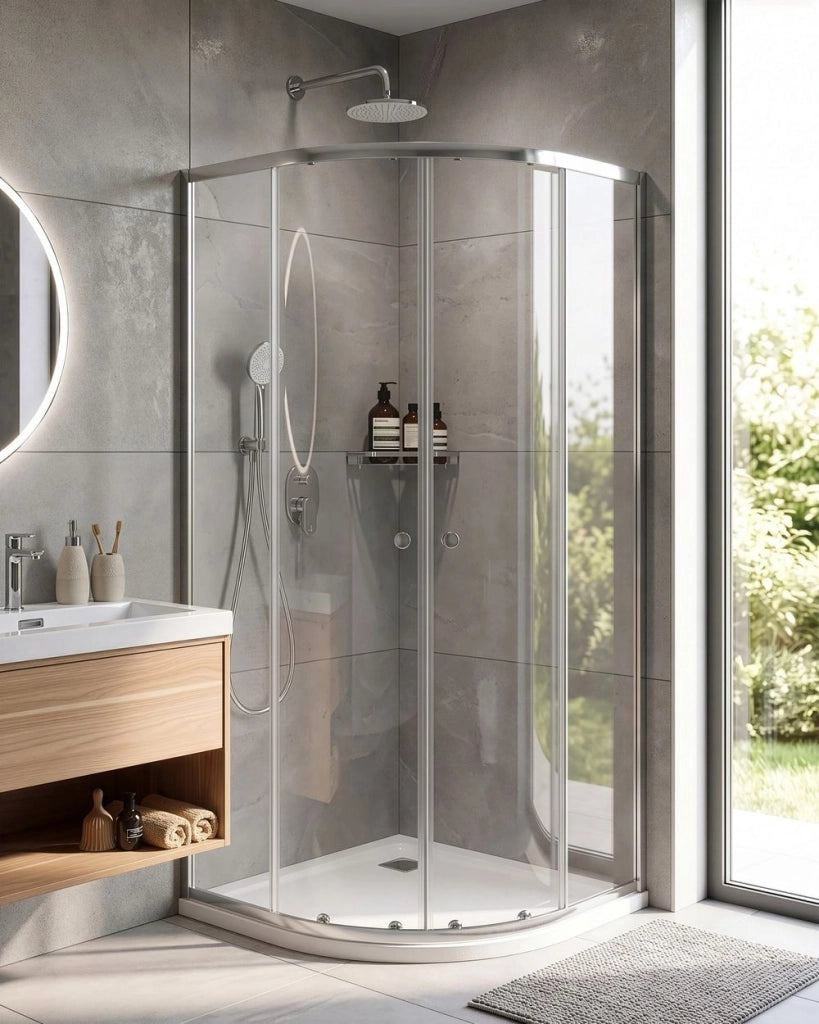Box doccia semicircolare in vetro temperato con telaio in alluminio argento e porta singola 90 x 90 x 190 cm dal design moderno