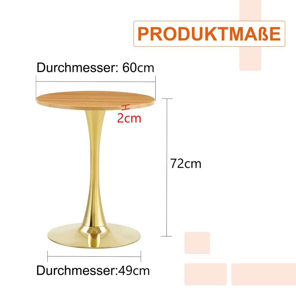 Tavolino rotondo moderno in MDF e metallo; altezza 72 cm; effetto legno e oro