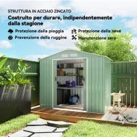 Casetta da Giardino in Lamiera di Acciaio con Porte Scorrevoli, 213x130x185cm, Verde Chiaro