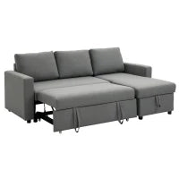 Divano Letto 3 Posti e Penisola con Contenitore, Rivestimento Tessuto Effetto Lino, 211.5x146x85cm