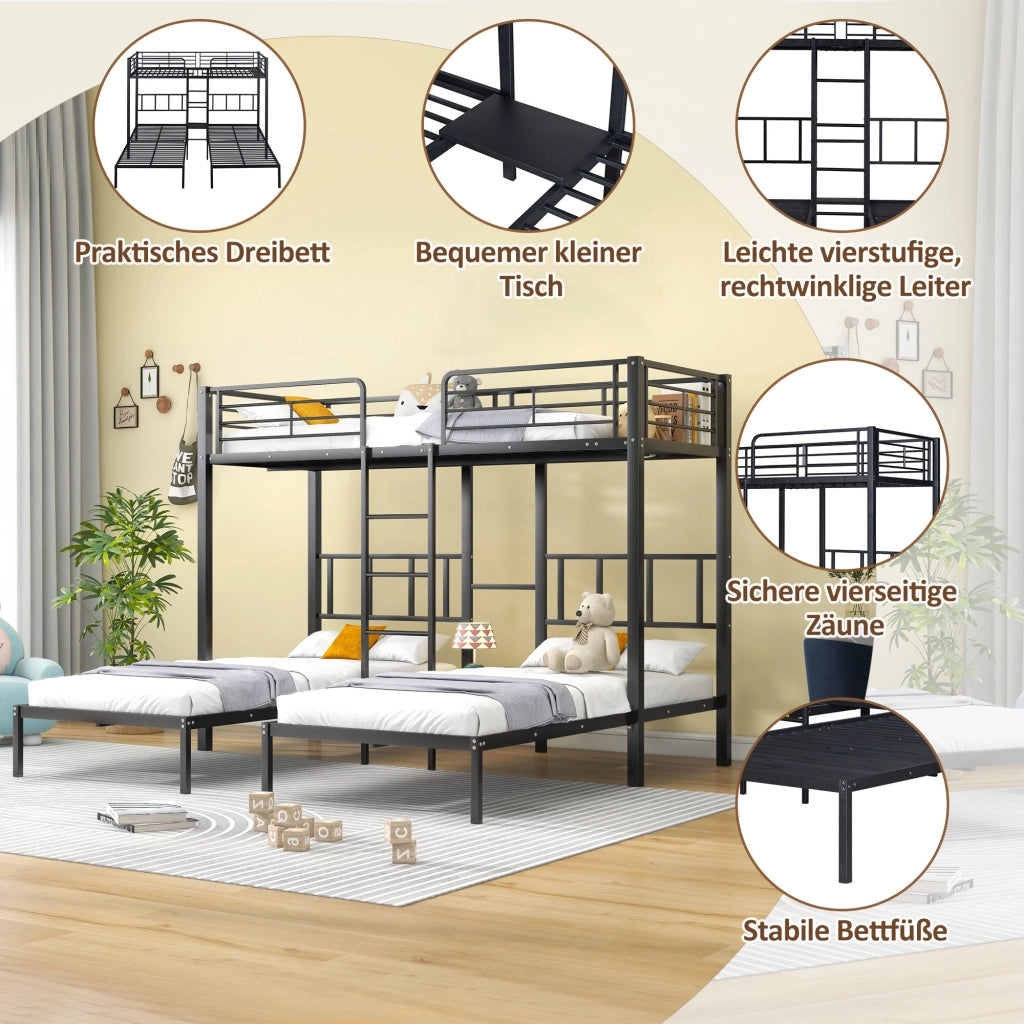 Letto a castello triplo funzione tavolo metallo nero 90x200 cm