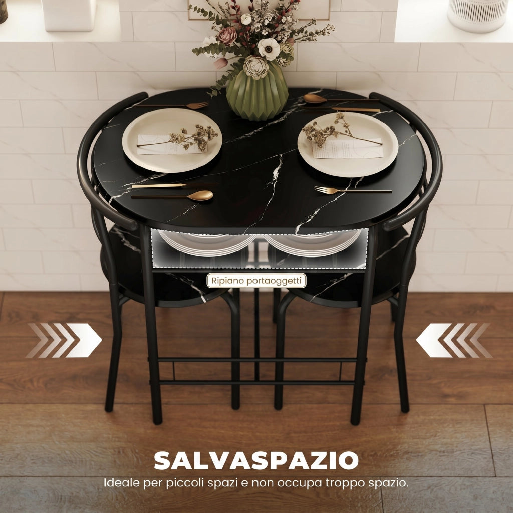 Set Tavolo Moderno con 2 Sedie per Sala da Pranzo Design Salvaspazioin MDF e Metallo Marrone e Nero