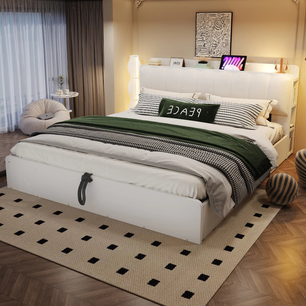 LETTO contenitore 180x200 cm in legno bianco con testiera imbottita e USB
