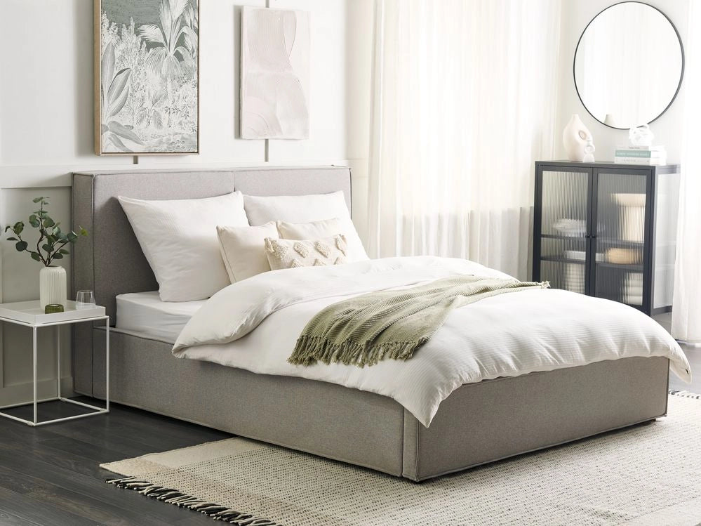 Letto king size 160 x 200 cm Grigio chiaro Rivestimento in tessuto Ottomana di contenitore Telaio a doghe Camera da letto moderna contemporanea