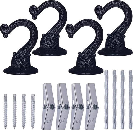 Set di 4 chiodi per soffitto - Chiodi per soffitto a coda di rondine - Chiodi per soffitto a pendente - Chiodi per soffitto pesanti per piante - Con viti, bulloni e pannelli di caduta - Installazione per foro nel muro - Nero.