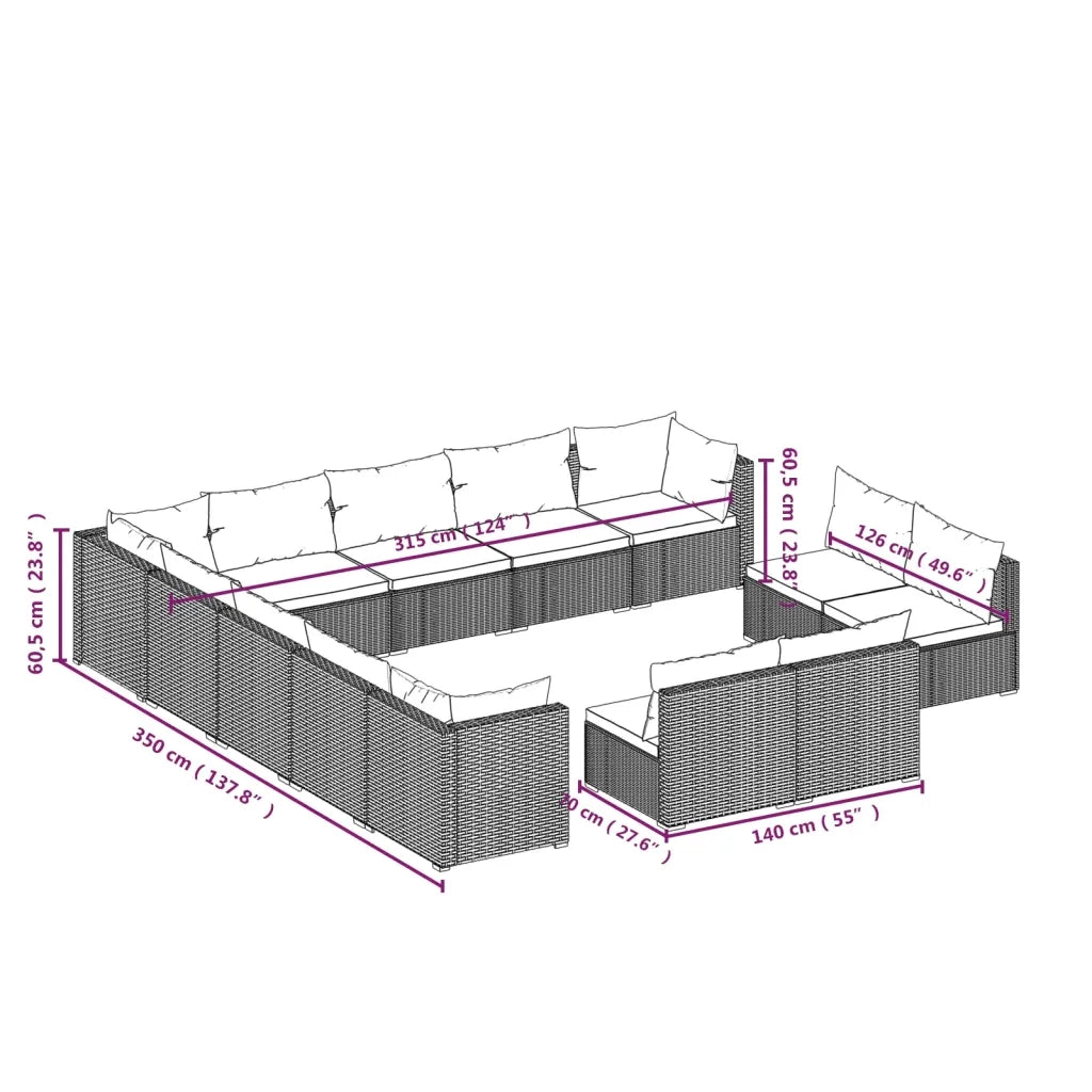 Set Divani da Giardino 13 pz con Cuscini in Polyrattan Marrone 3102859