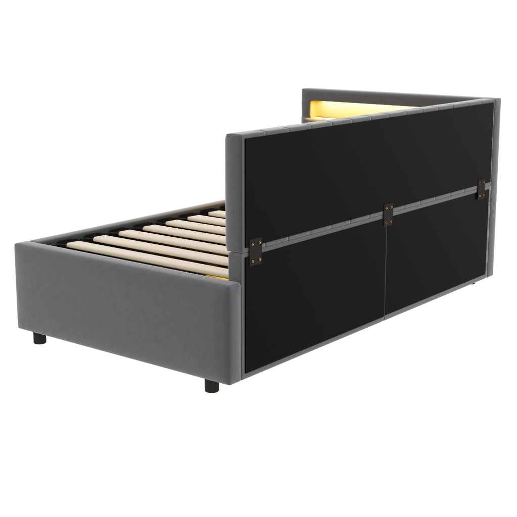 Letto imbottito 90x200 con LED, vano contenitore e rete a doghe
