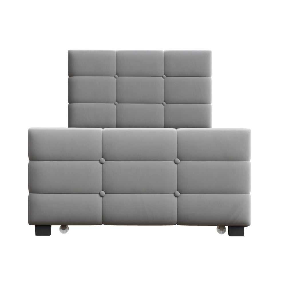 Letto singolo estraibile 90×190 cm e 190×90 cm con testiera imbottita e rete; senza materasso; grigio