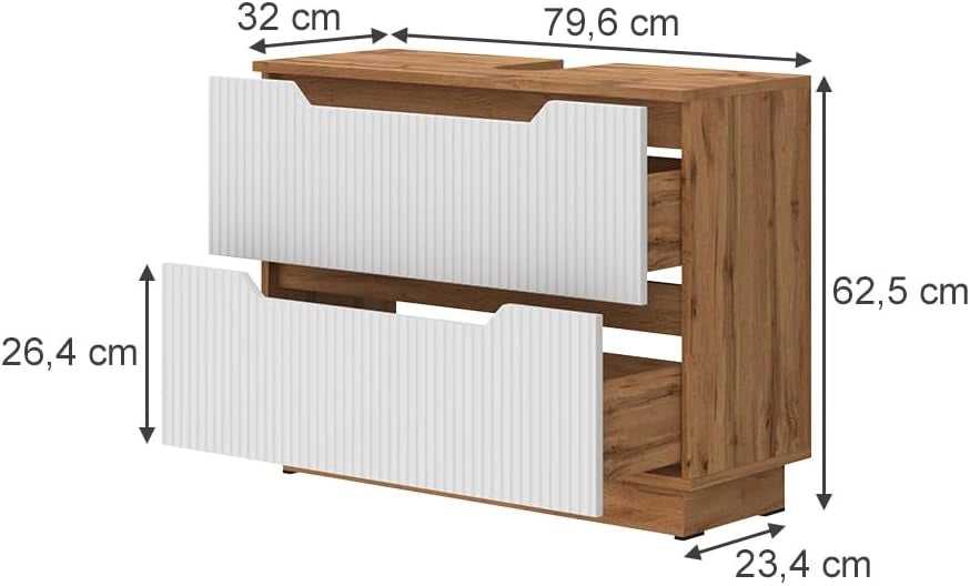 Mobile sottolavabo per bagno Lotta, Rovere/bianco a strisce, 79.6 x 62.5 cm con 2 cassetti