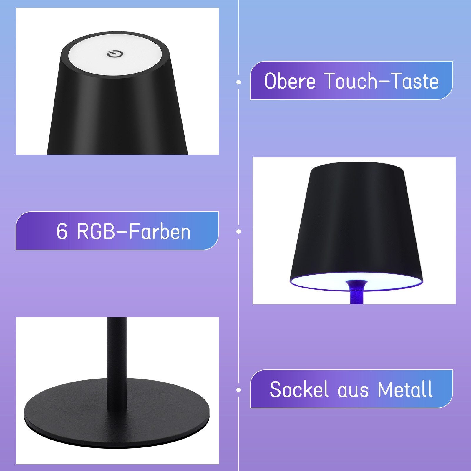 ZMH Lampada da tavolo LED wireless set 2 pezzi nera RGB 2600mAh touch dimmerabile USB TypeC ricaricabile percamera letto