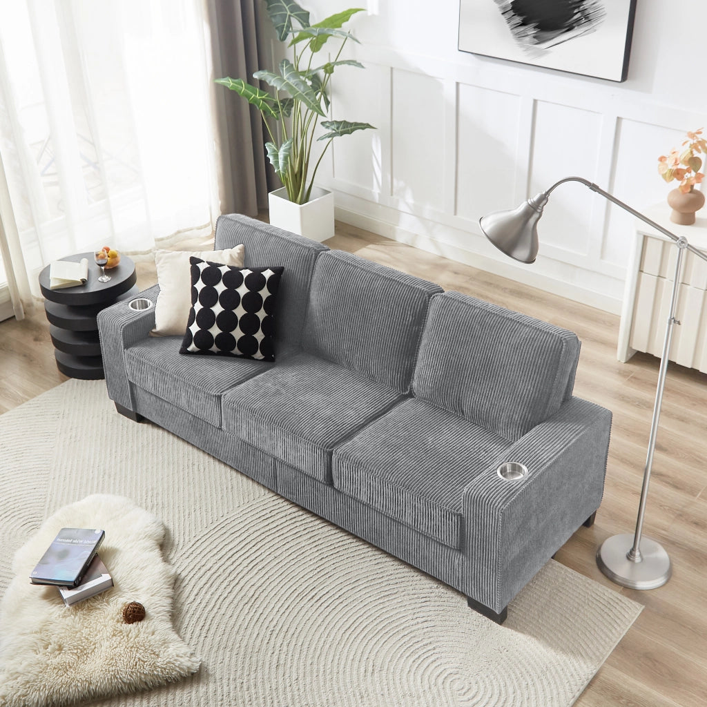 Divano a 3 posti in velluto a coste con portabicchieri e comfort ergonomico per soggiorno grigio 206 cm