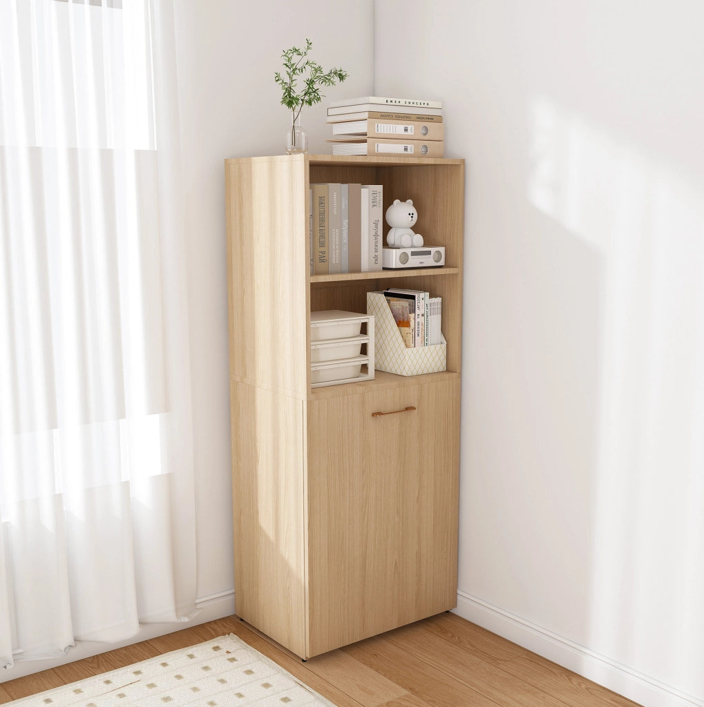 Scrivania richiudibile con vano contenitore; piano estraibile e ripiani regolabili; in MDF colore legno naturale