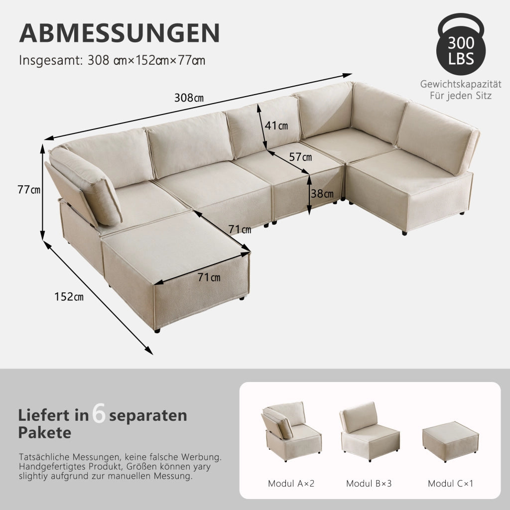 Divano angolare modulare componibile con seduta comoda e rivestimento in lino beige 308 × 152 × 77 cm