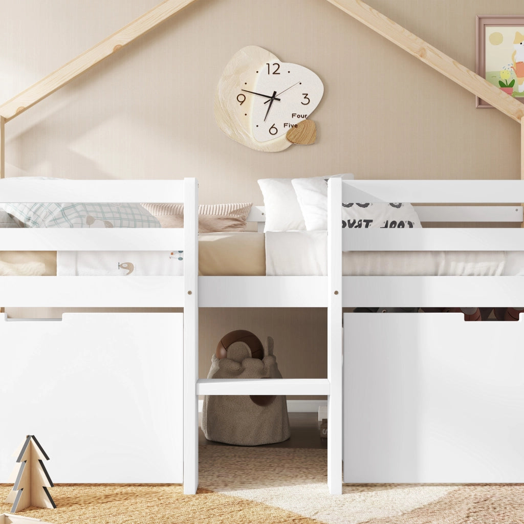OKWISH Letto a Casetta 90×200 cm, Letto Singolo con Scala, 2 Contenitori con Ruote e Sponda su 4 Lati, senza Materasso, Bianco Naturale