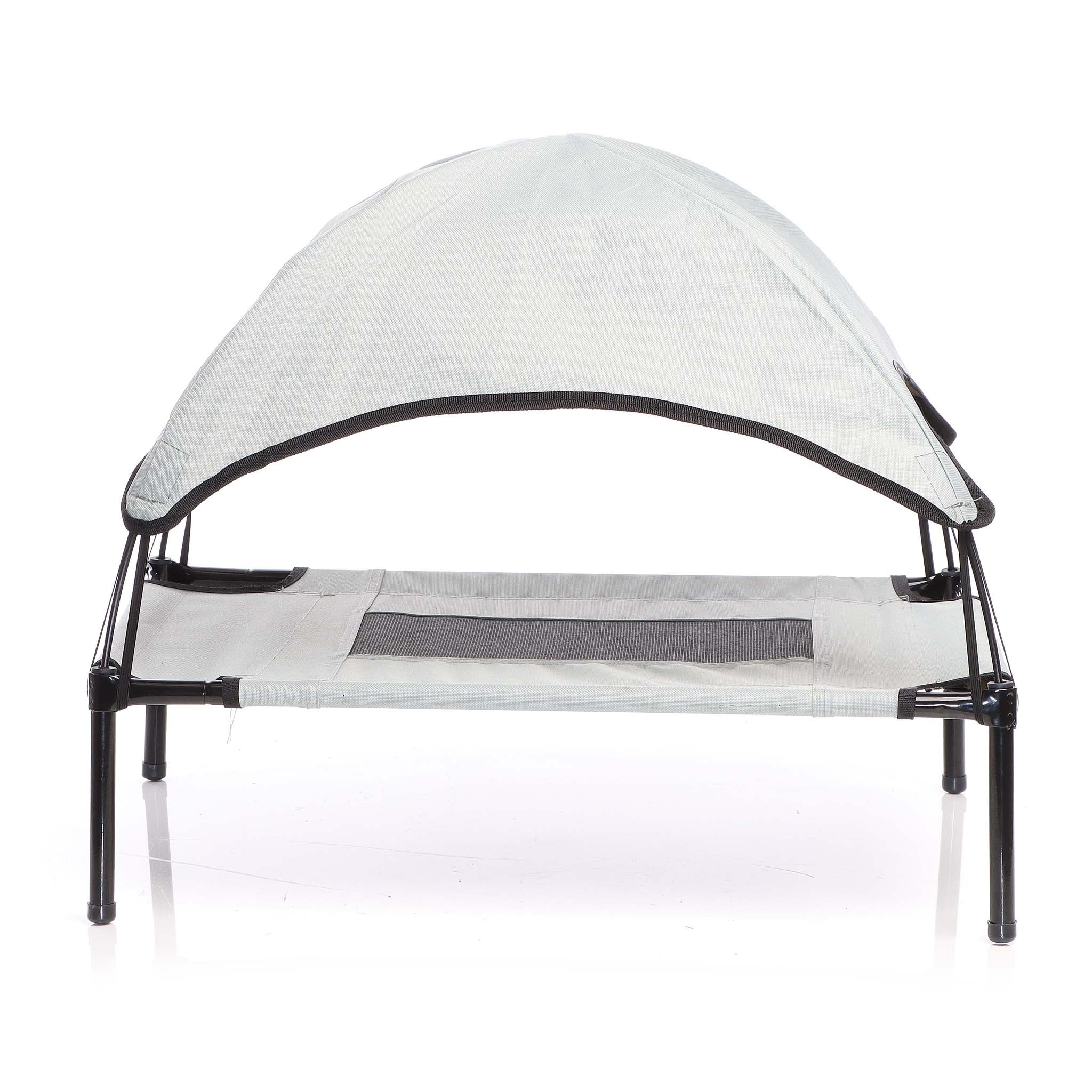 Brandina per cani e gatti con tettoia grigia, cuccia per cani max 50kg, lettino da esterno per animali con tettuccio parasole, 122x91x16cm