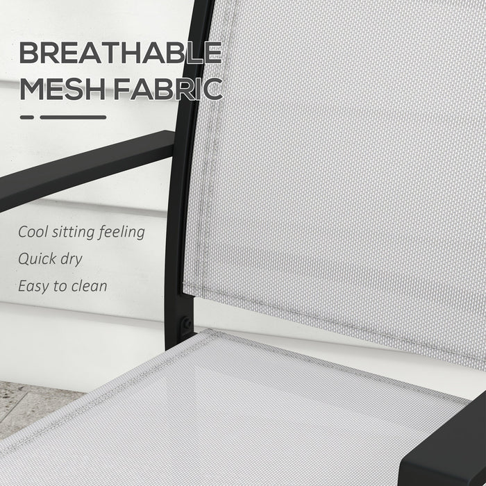 Set Tavolino con Piano in Vetro e 2 Sedie Impilabili da Giardino in Acciaio e Tessuto Grigio Chiaro