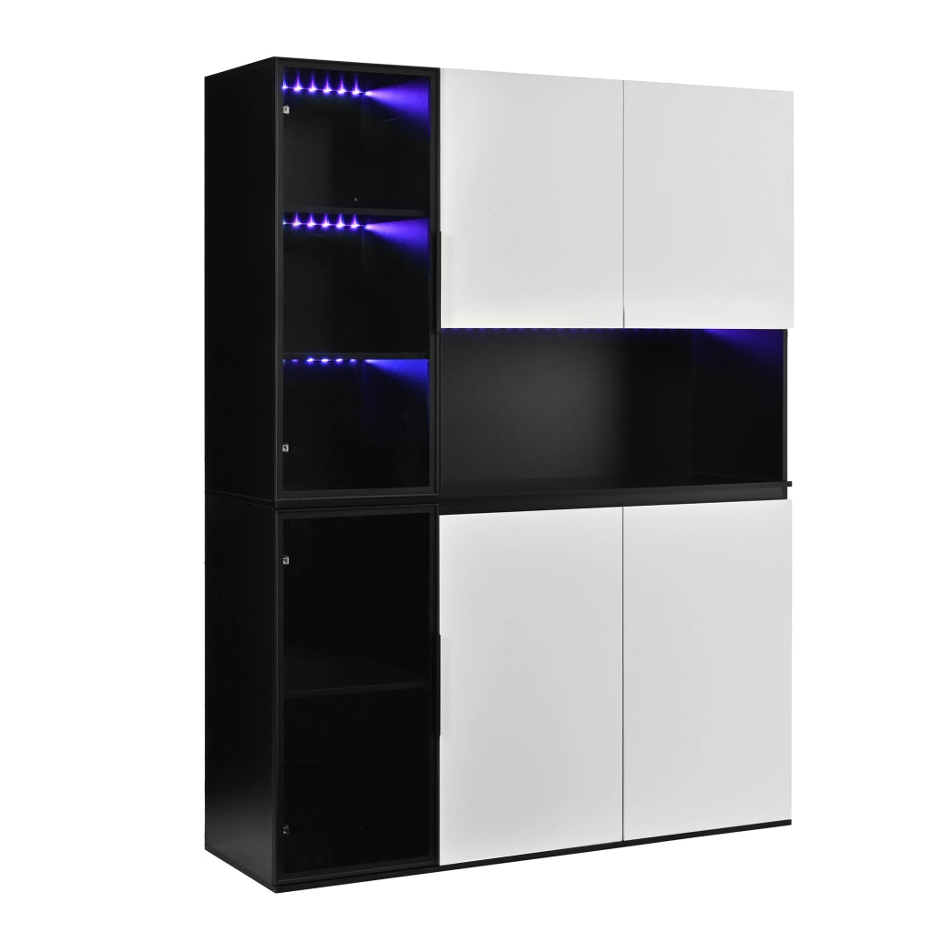 Credenza e madia con LED, 2 ante in vetro e vani contenitore, per soggiorno e sala da pranzo, 120 × 40 × 160 cm