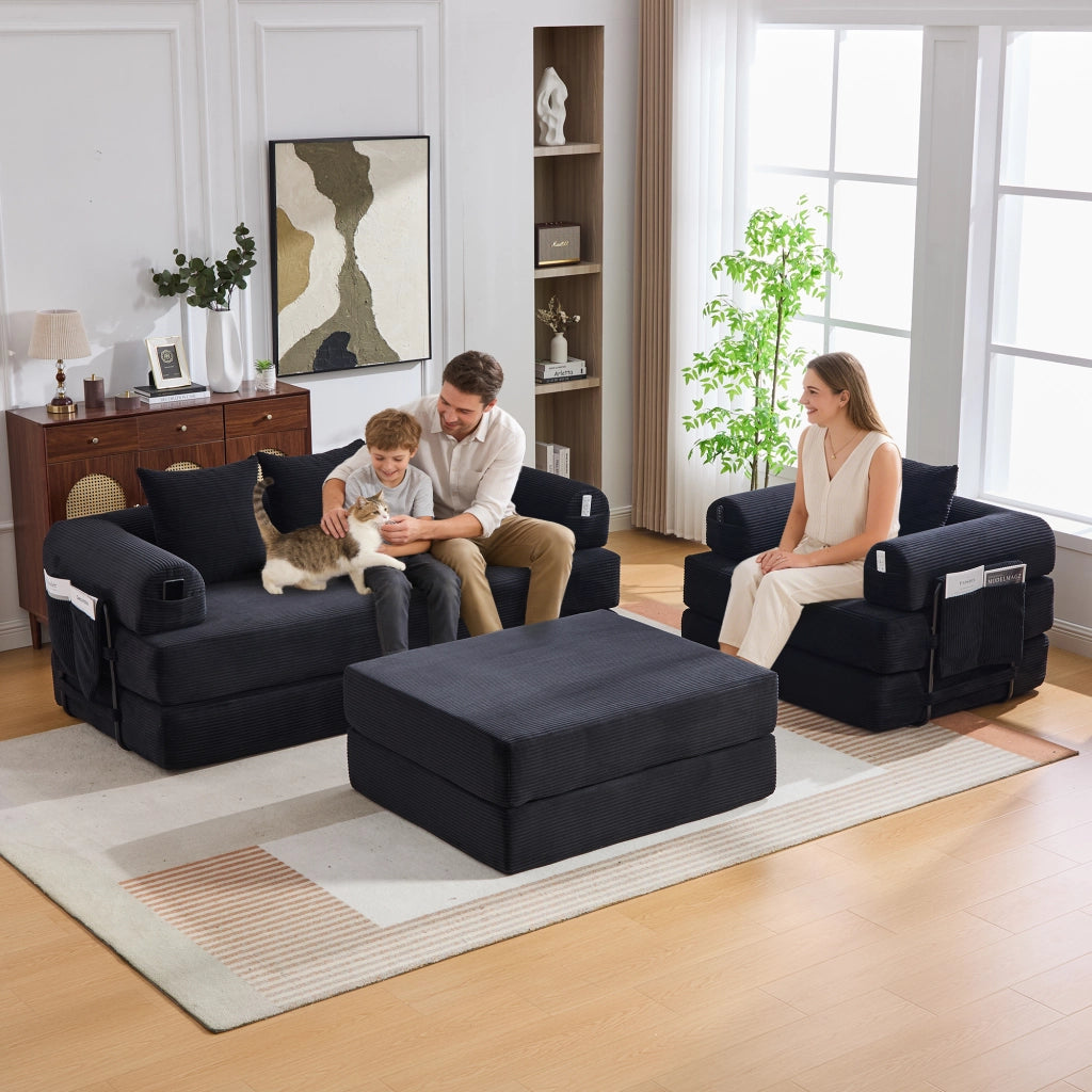 Divano Modulare 4 Posti con Poggiapiedi ¨C MINIMAL ¨C Tessuto Cord, Cuscini, Braccioli, Metallo