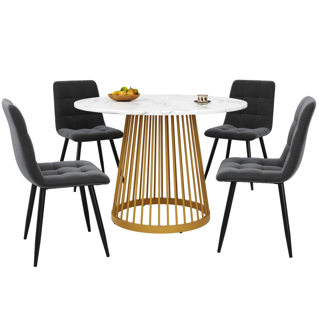 Tavolo da pranzo rotondo con 4 sedie, piano effetto marmo e gambe in metallo, per cucina e sala da pranzo, multicolore