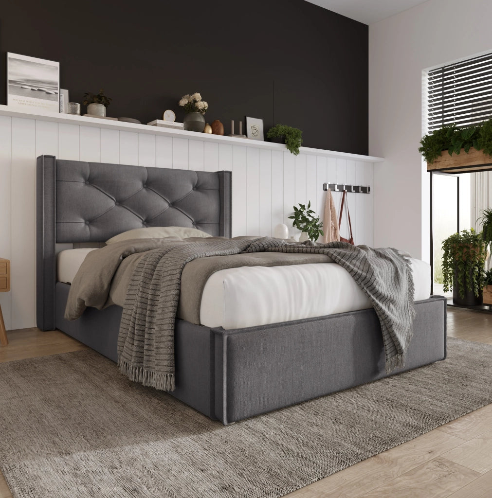 Letto imbottito contenitore 90x200 cm con rete sollevabile; cotone grigio