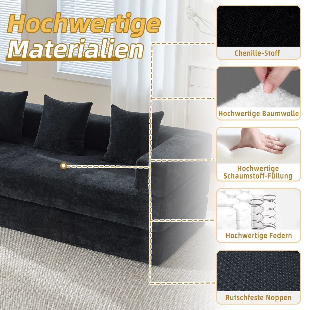 DIVANO modulare in chenille nero 198x79x60 cm