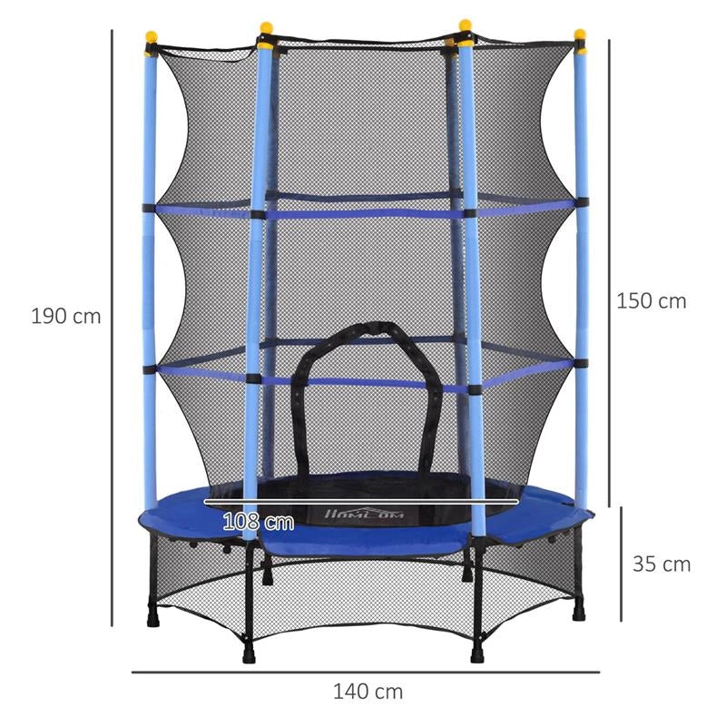 TAPPETO ELASTICO PER BAMBINI CON RETE DI SICUREZZA E PALI IMBOTTITI ETÀ 3-10 ANNI Ø 140 X 190 CM BLU