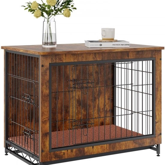 Recinzione per cani 83x56x64cm box per cani realizzata in P2 e Q195 stile vintage tavolo da appendere recinzione per animali domestici con 2 porte, vasca per l'acqua e cuscino box per cani in stile arredamento box per cani con rete