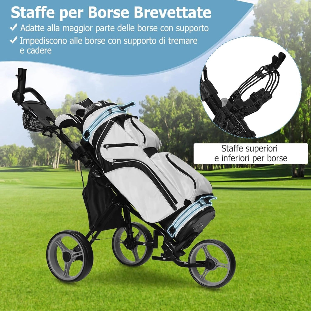 Carrello da Golf Pieghevole con 3 Ruote, Trolley da Golf Altezza Regolabile di Alluminio con Sedile, Porta Ombrello e Porta Bevande