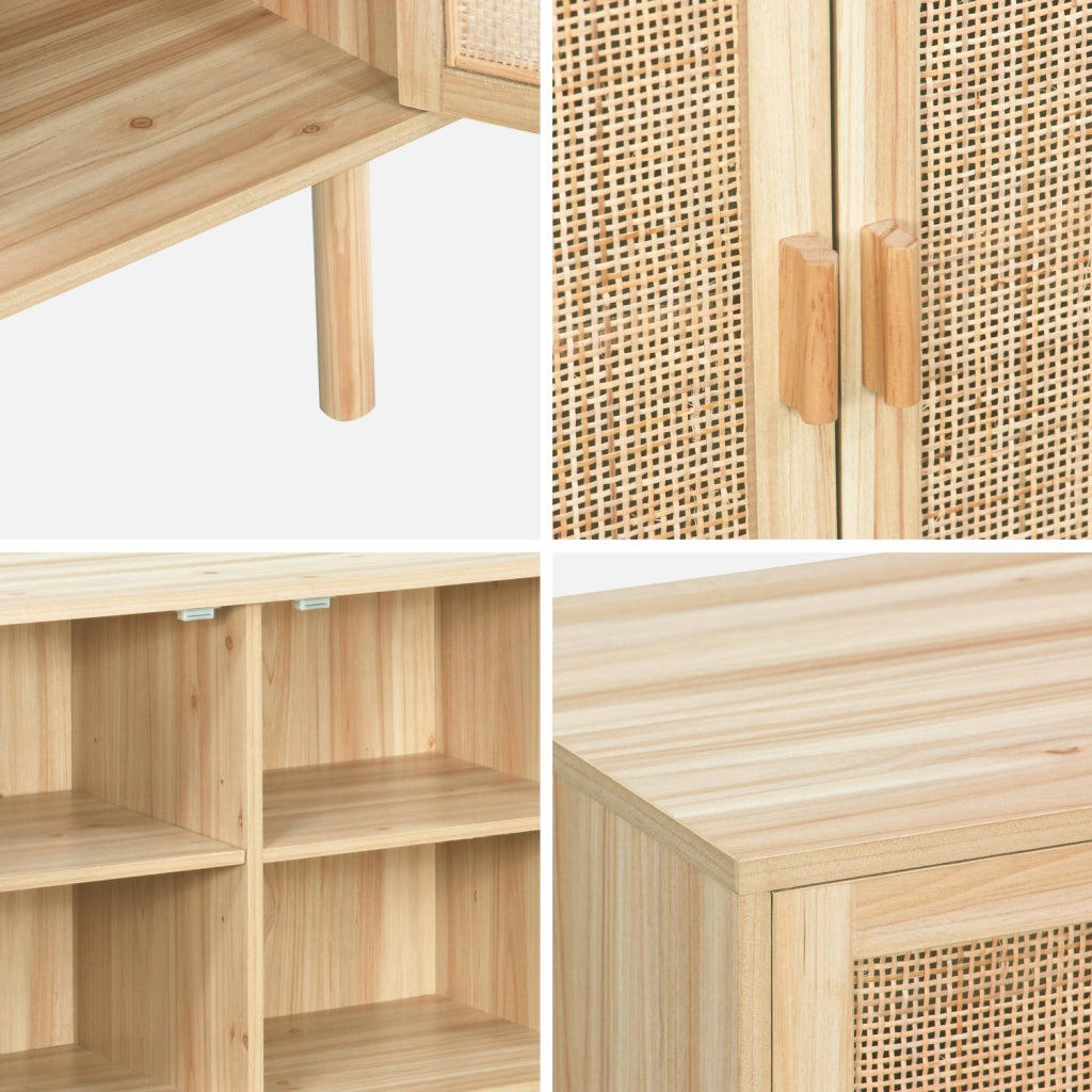 Credenza in vimini ed effetto legno a 3 ante, 120cm, marrone naturale