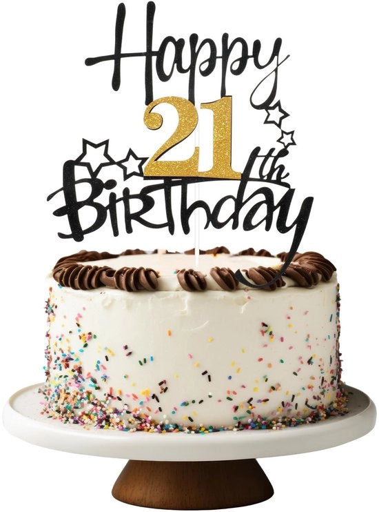 Decorazione per torta 21° compleanno - topper stellare - glitter giallo/nero - dimensioni 17 x 16 cm