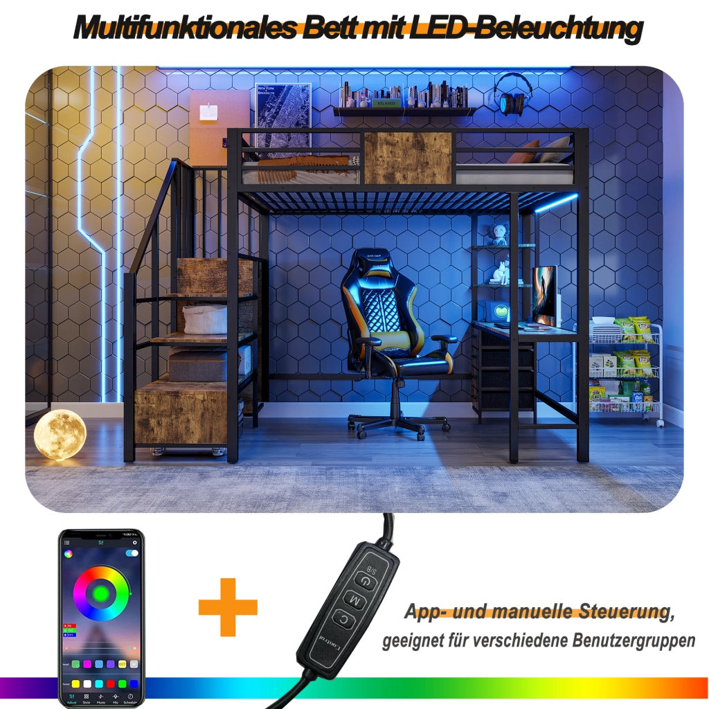 Letto a soppalco 140 × 200 cm con scrivania, mensole, LED e presa elettrica, senza materasso, nero
