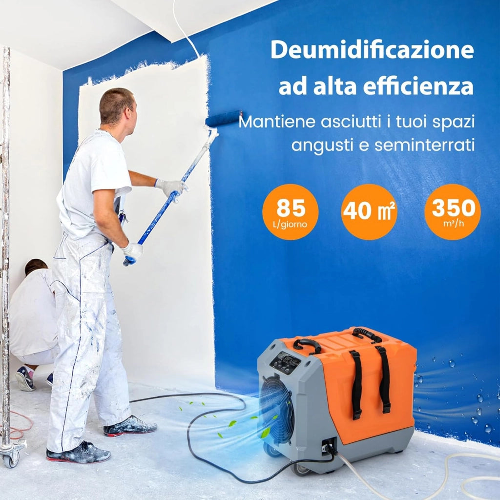 Deumidificatore Commerciale 85 L/Giorno, Deumidificatore con Pompa e Tubo di Scarico, Sbrinamento Automatico, 2 Ruote e Maniglia Pieghevole, Timer 24H, per Cantina Magazzino (Arancione)